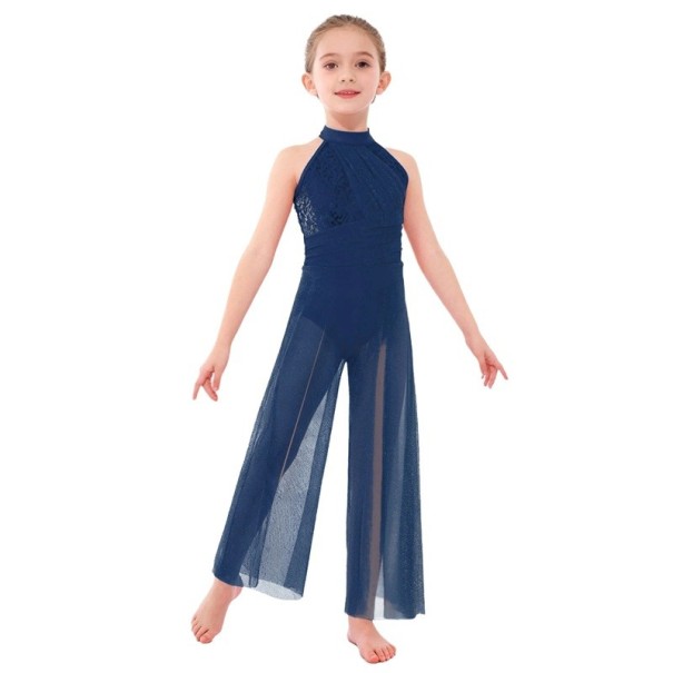 Dívčí taneční overal s krajkovým živůtkem a širokými nohavicemi, jumpsuit s halterkou z nylonu pro lyrický a moderní tanec i vystoupení tmavě modrá 10
