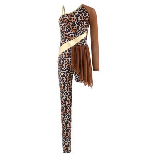 Dívčí taneční overal s leopardím vzorem a asymetrickým střihem, jumpsuit s jedním rukávem z nylonu a elastanu pro jazz a moderní tanec hnědá 6