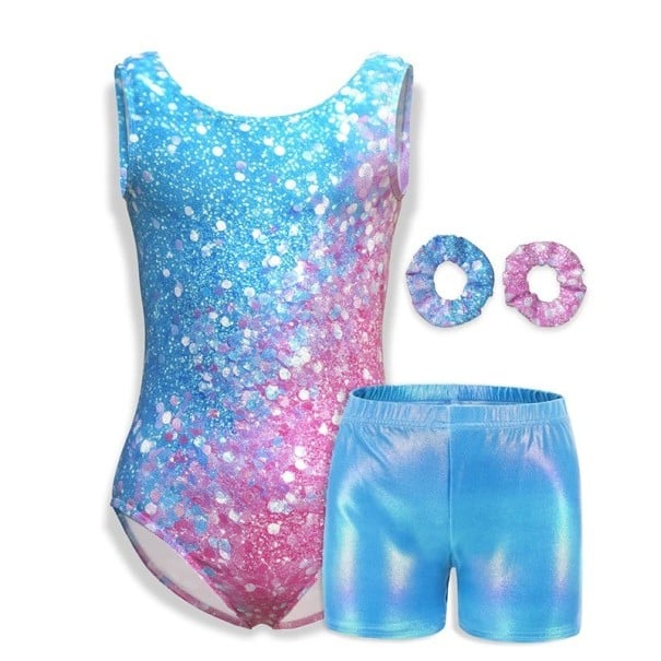 Dívčí taneční sada body bez rukávů s třpytivým ombré efektem, kraťasy a 2 gumičky do vlasů, polyester a elastan, na gymnastiku modrá 5