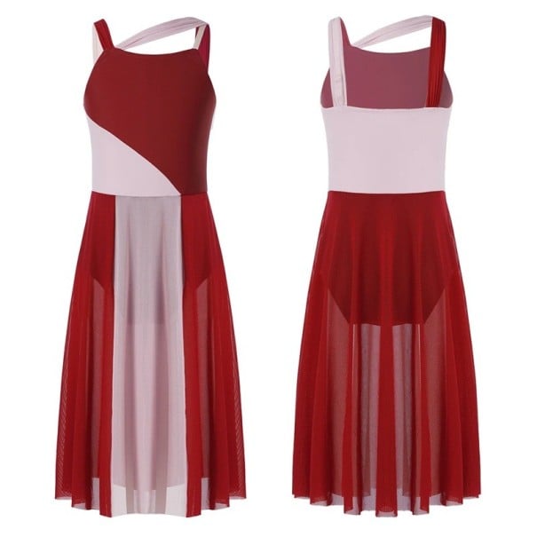 Dívčí taneční šaty s dlouhou průsvitnou sukní polyester šifon oblečení pro balet a scénická vystoupení červená 9-10 let