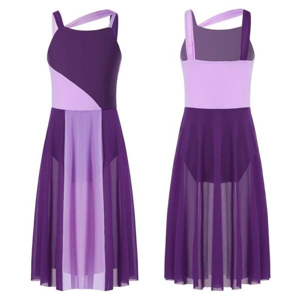 Dívčí taneční šaty s dlouhou průsvitnou sukní polyester šifon oblečení pro balet a scénická vystoupení fialová 7-8 let