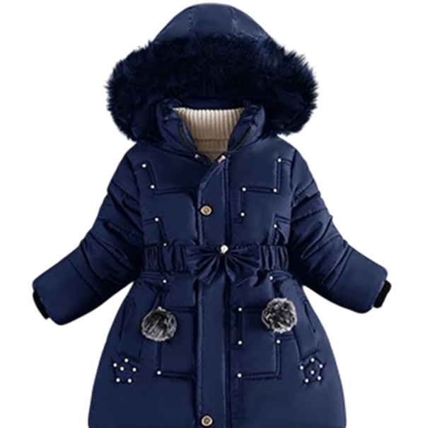 Dívčí zimní bunda Zapínání na zip a patenty Kapsy s bambulkami Kapuce s kožichem Jednobarevná zimní hřejivá bunda Bavlna Polyester Ozdobné detaily tmavě modrá 6