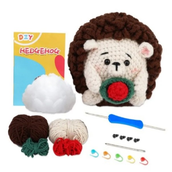DIY Hedgehog Crochet Kit for Beginners with Instructions Cotton Yarn Needles Hook Creative Toy Making Handicrafts Animals Crafts 1