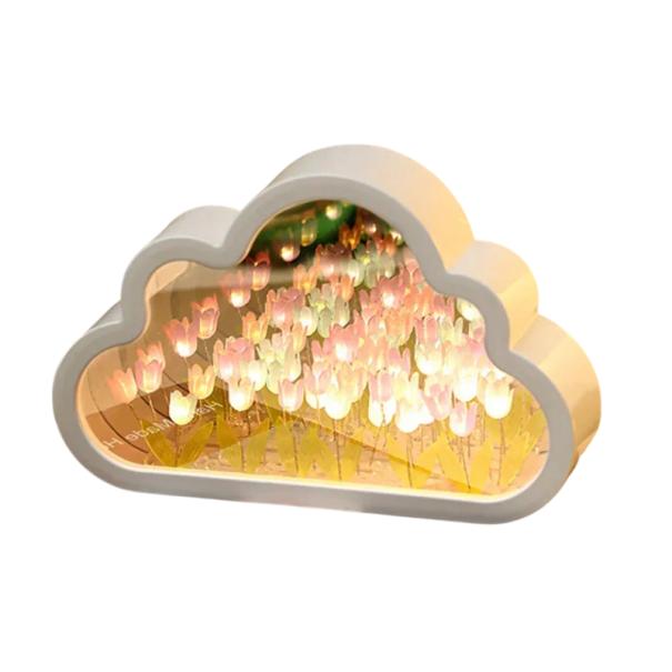 DIY svetlo tulipány v schránke obláčik 22 x 13,5 x 5 cm Nočné LED osvetlenie so zrkadlovým efektom Kreatívna dekorácia na vlastné zloženie tmavo ružová