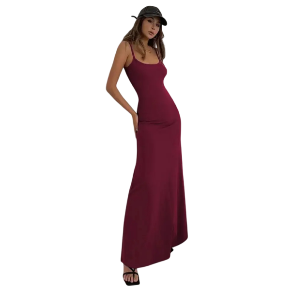 Dlhé dámske šaty s tenkými ramienkami Voľnočasové šaty s minimalistickým strihom Priliehavý top a splývavý spodný diel Letný pohodlný outfit červená L
