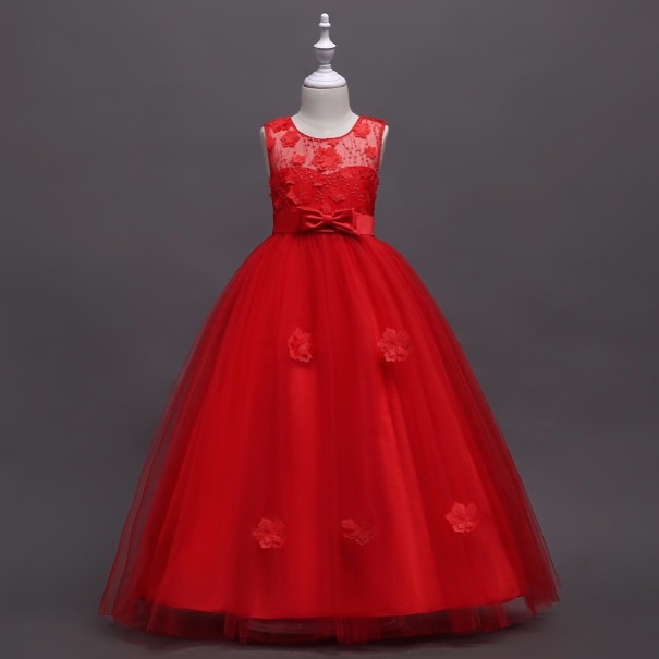 Dlhé dievčenské šaty s kvetinami a mašľou J2901 červená 11