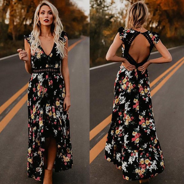 Dlhé kvetinové Boho šaty čierna XS