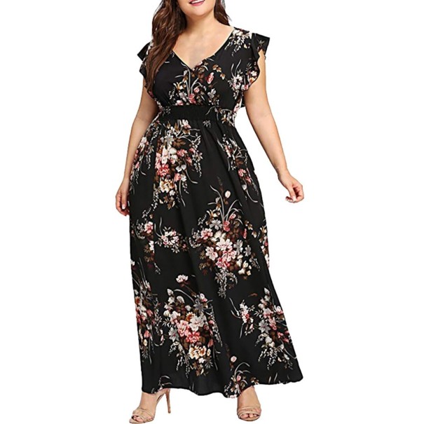 Dlhé kvetované šaty - nadmerné veľkosti čierna 4XL