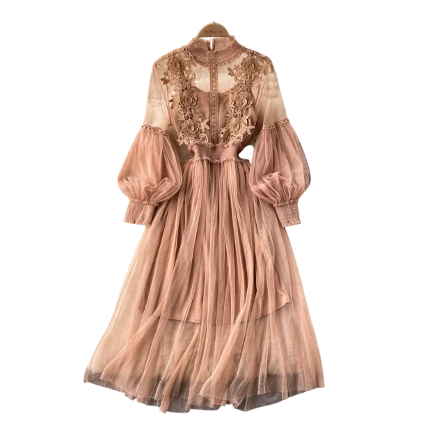 Dlhé modré šaty s čipkovým výšivkovým živôtikom a tylovými rukávmi Elegantný dvojdielny outfit s hladkou spodnou vrstvou do polovice lýtok oranžová