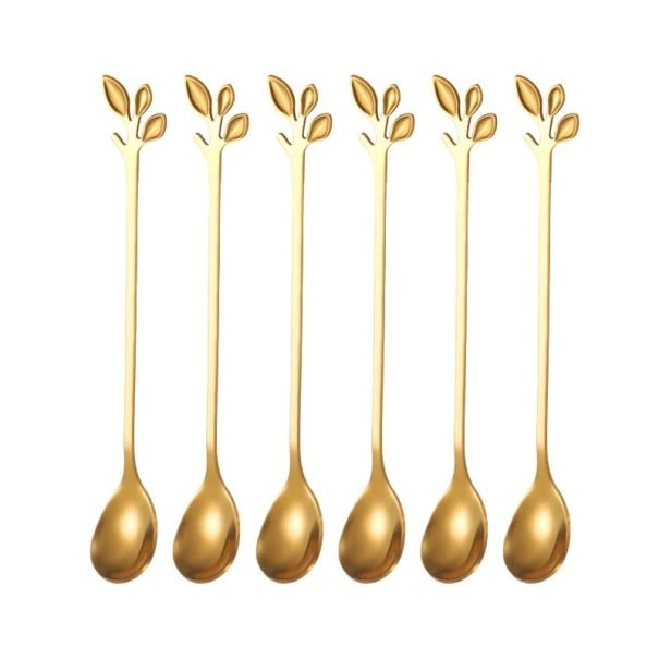 Dlouhá čajová lžička z nerezové oceli Dekorativní listová rukojeť 6ks zlatá