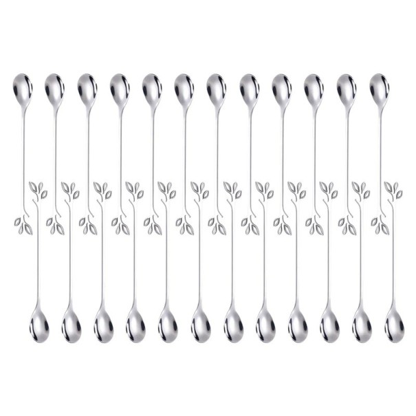 Dlouhá čajová lžička z nerezové oceli Dekorativní listová rukojeť Dezertní lžičky na kávu čaj zmrzlinu ovoce Elegantní příbory 24ks stříbrná