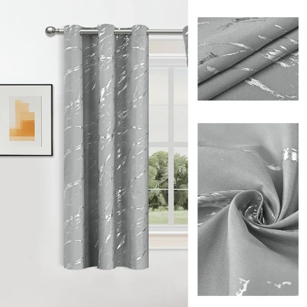 Dlouhý dekorativní závěs s lesklým mramorovým vzorem a kroužky, 100 x 250 cm, polyesterová záclona do ložnice a obývacího pokoje šedá