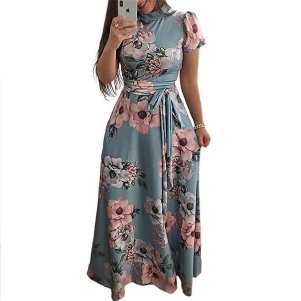 Długa damska sukienka z kwiatami jasnoniebieski XL