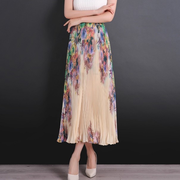 Długa plisowana spódnica damska z kwiatami beżowy