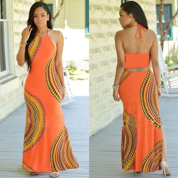 Długa sukienka damska ze wzorem pomarańczowy L
