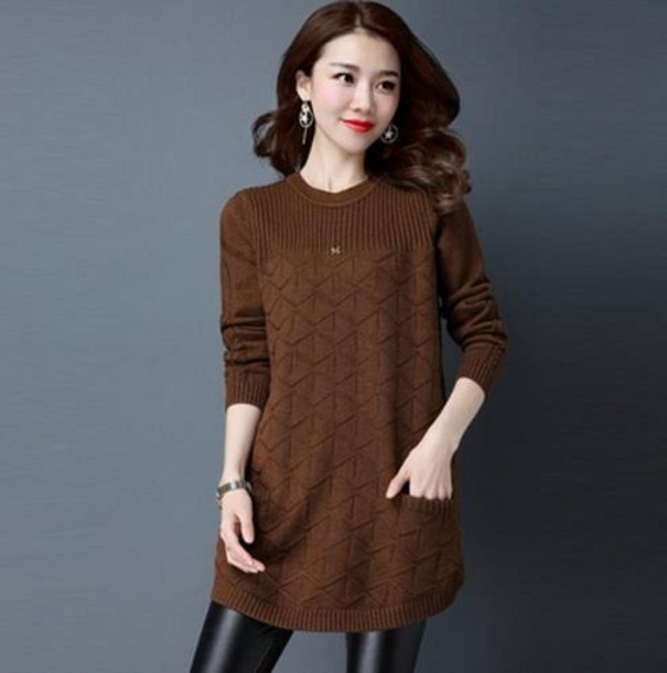 Długi sweter damski z kieszeniami brązowy XL