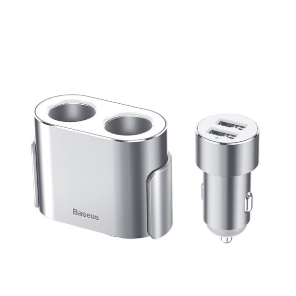 Dobbelt USB-biloplader med cigarettænderudtag sølv