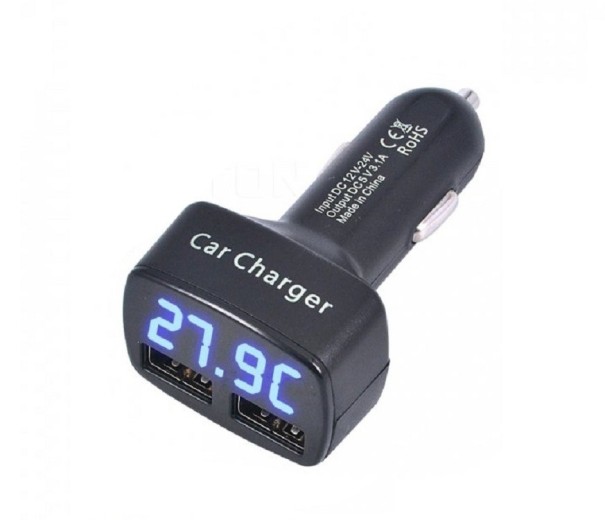 Dobbelt USB-biloplader med display blå