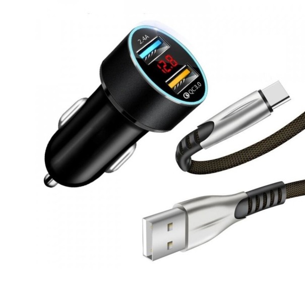 Dobbelt USB-biloplader med kabel K817 sort