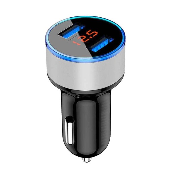 Dobbelt USB-bilopladeradapter med LED-display sølv