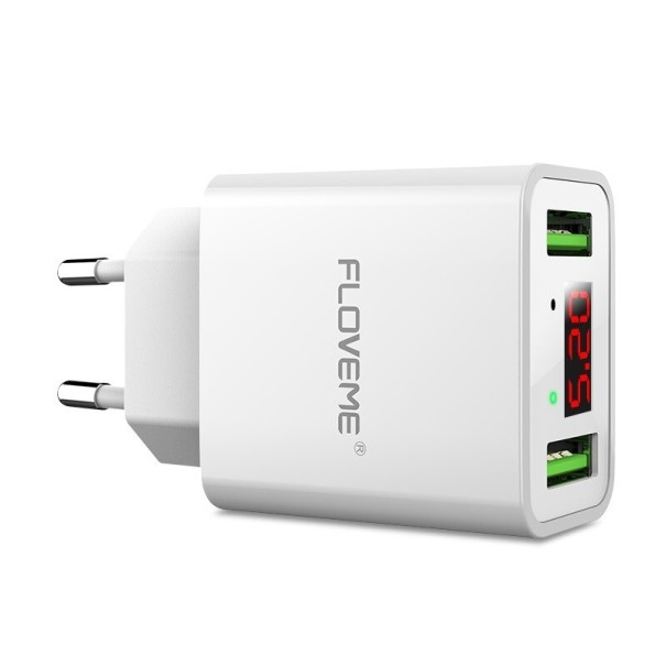 Dobbelt USB-strømadapter med display hvid