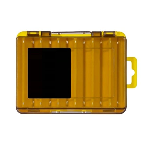 Dobbeltsidet kompakt plastikkasse med fiskegrej 14 x 10,5 x 3,2 cm. Organisator til kroge, madding og snor. Bærbar opbevaringskasse gul