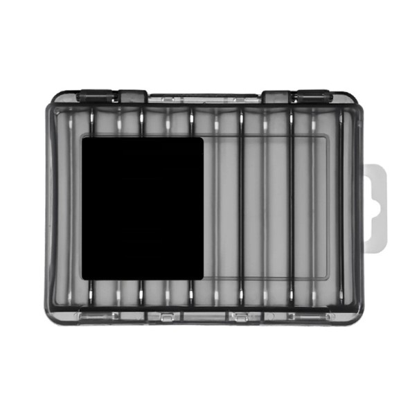 Dobbeltsidet kompakt plastikkasse med fiskegrej 14 x 10,5 x 3,2 cm. Organisator til kroge, madding og snor. Bærbar opbevaringskasse til fiskeudstyr. sort