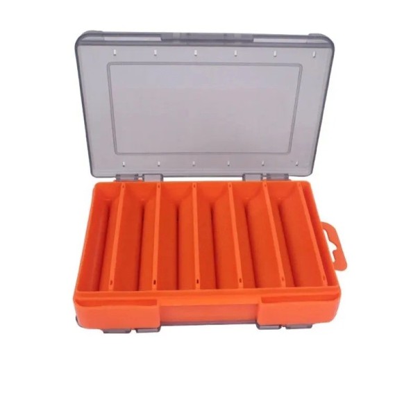 Dobbeltsidet opbevaringsboks til fiskekroge og madding 14 x 10,5 x 3 cm Kompakt, bærbar boks med rum Organizer til fisketilbehør Solid plastboks til fiskeudstyr orange