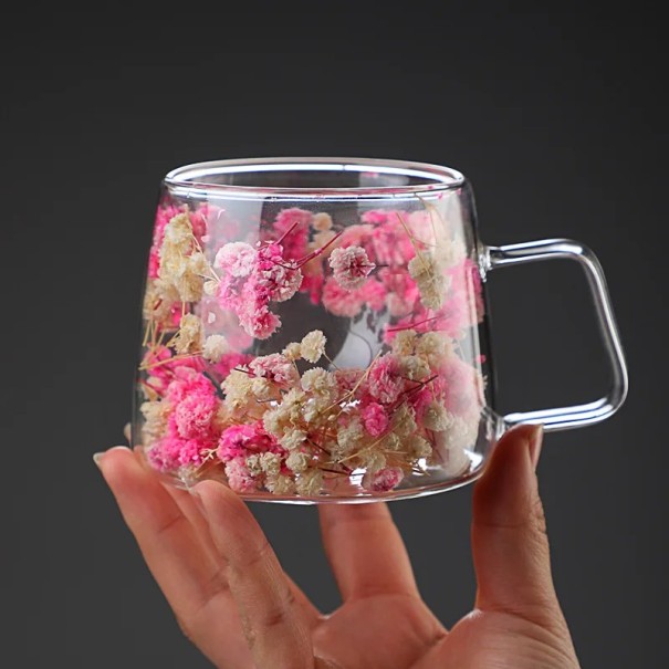 Dobbeltvægget glas krus 200 ml med blomsterdesign 9 × 8 × 7,5 cm krus med håndtag til kaffe te mælk gennemsigtigt drikkekrus hvid