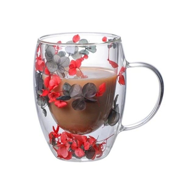 Dobbeltvægget glaskaffekrus 350ml med hank Dekorativ tekop Simulering af blomster Gave Transparent kop med blade 1