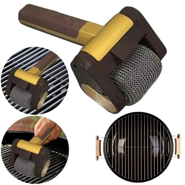 Dobíjecí elektrický čistič grilu s vyměnitelnou hlavou, rotační váleček z nerezové oceli, LED světlo, USB nabíjení, 26 x 12,5 x 9 cm, hnědý zlatá