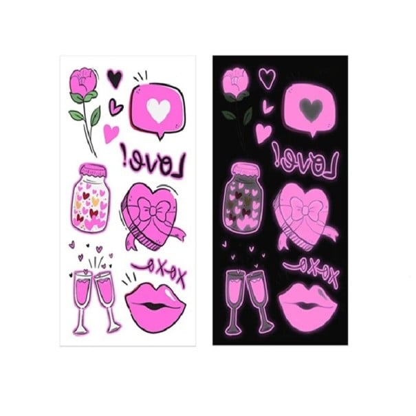 Dočasné svietiace tetovacie nálepky love motiv so srdiečkami a perami svietia v tme aj pod UV svetlom rozmer 6 x 10,5 cm na párty a festivaly 1