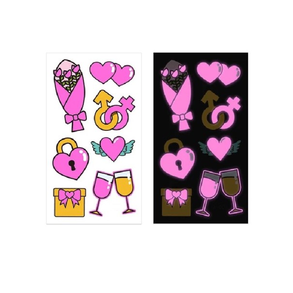 Dočasné svietiace tetovacie samolepky love motiv s kyticou srdci a zámkom svietia v tme aj pod UV svetlom rozmer 6 x 10,5 cm na párty a oslavy 1