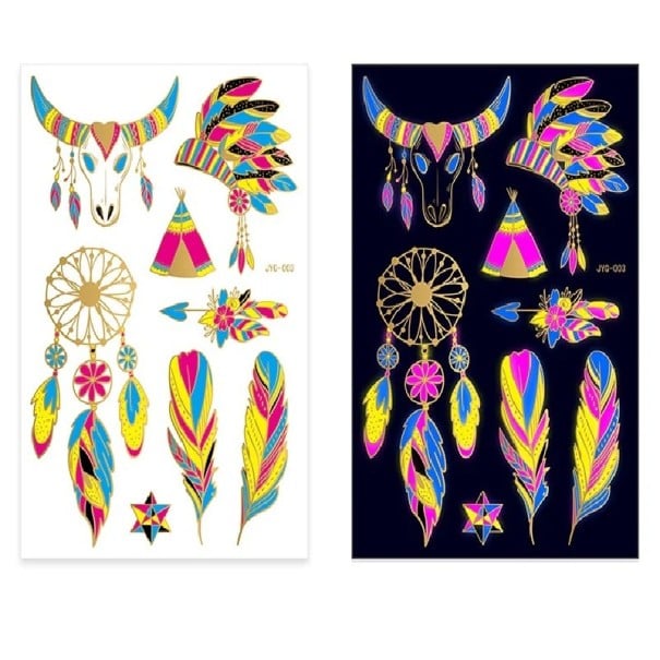 Dočasné svietiace tetovacie samolepky s motívom býčej lebky, pier a lapača snov fluoreskujúce pod UV svetlom, neonové boho tetovanie na festival 1