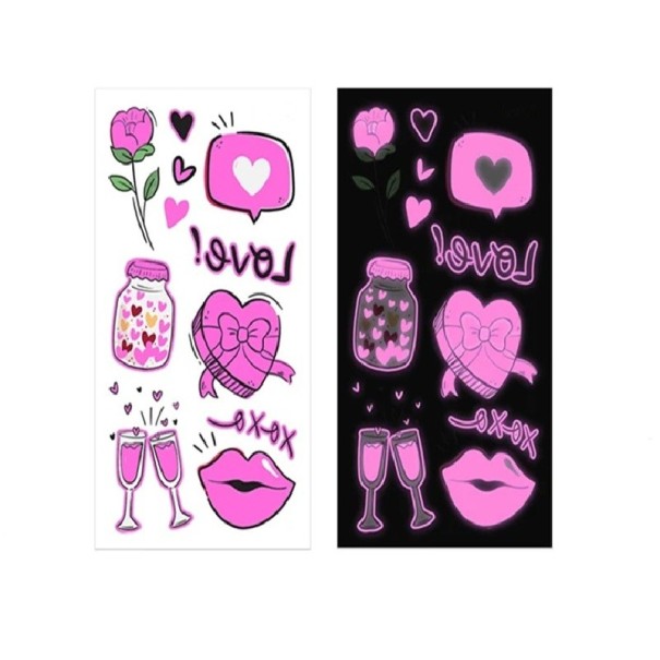 Dočasné svítící tetovací samolepky love motiv se srdíčky a rty svítí ve tmě i pod UV světlem rozměr 6 x 10,5 cm na párty a festivaly 1