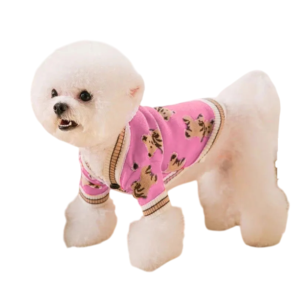 Dog Sweater 7.5–10 kg Size XXL 55 cm Chest 42 cm Length Warm Knitted Outfit with Bear Images and Three-Button Fastening pink