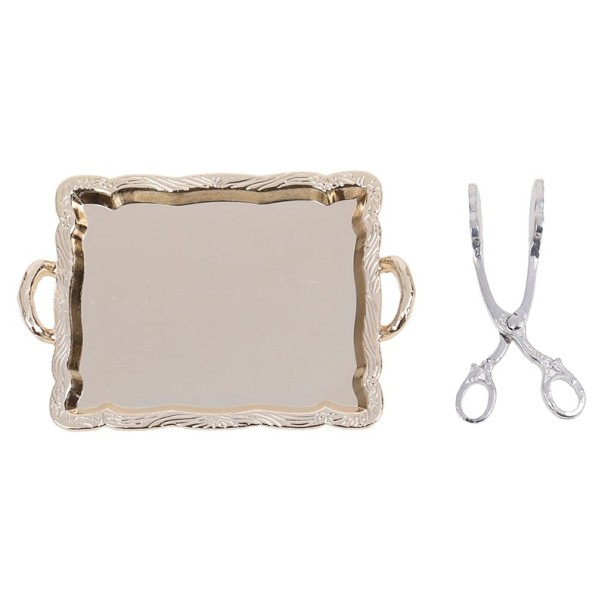 Doll Kitchen Tray and Tongs gold