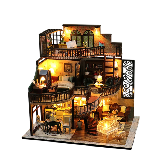 Domek dla lalek 24 x 17 x 23,5 cm Miniaturowy zestaw LED z meblami Realistyczny model z detalami Dekoracyjny oświetlony domek do kreatywnego tworzenia 1