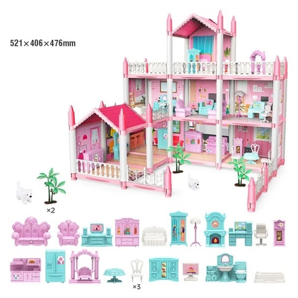 Domețel roz pentru păpuși 521 x 406 x 476 mm Casă din plastic cu nouă camere, bucătărie, mobilier, câine, copaci, leagăn și accesorii, Casă mare pentru copii 1