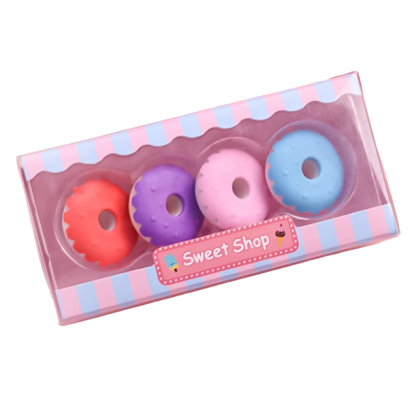 Donut-förmiges Radiergummi-Set für Kinder, 4-teilig, bunte Donuts für Radiergummis für Kinder, Radiergummi-Werkzeugset, verpackter Donut-Radiergummi, Gummi-Radiergummi im 4-teiligen Set 3 x 3 cm 1