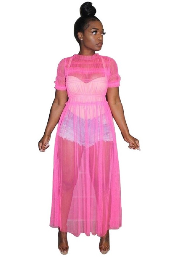 Doorschijnende chiffonjurk roze XS