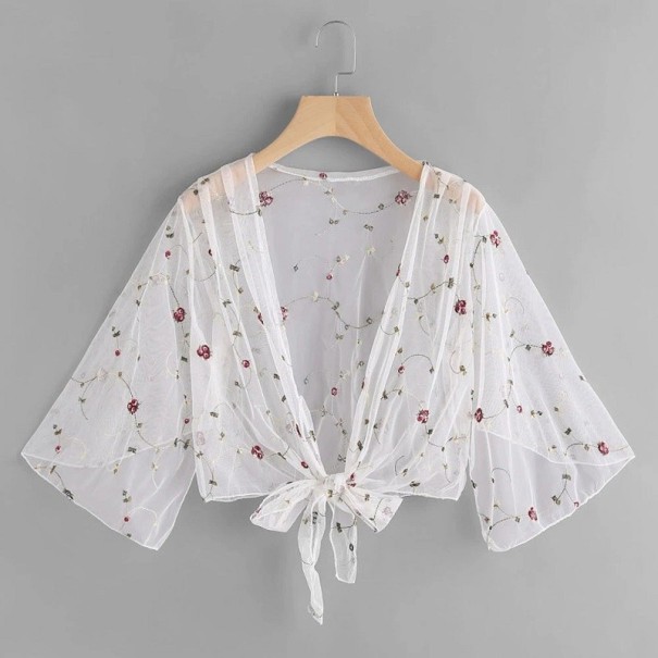 Doorschijnende sprei voor dames met bloemen P605 wit