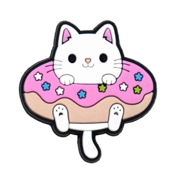 Doplněk na crocsy bílá kočka v růžovém donutu PVC ozdoba na boty crocs dekorace obuvi hravý motiv na obuv 1
