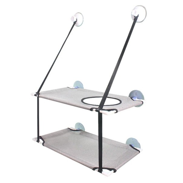 Doppeltes hängendes Bettregal mit Saugnäpfen aus Glas und Nylonbändern für Haustiere. Größe 50 x 30 cm, Riemenlänge 45 + 25 cm weiß