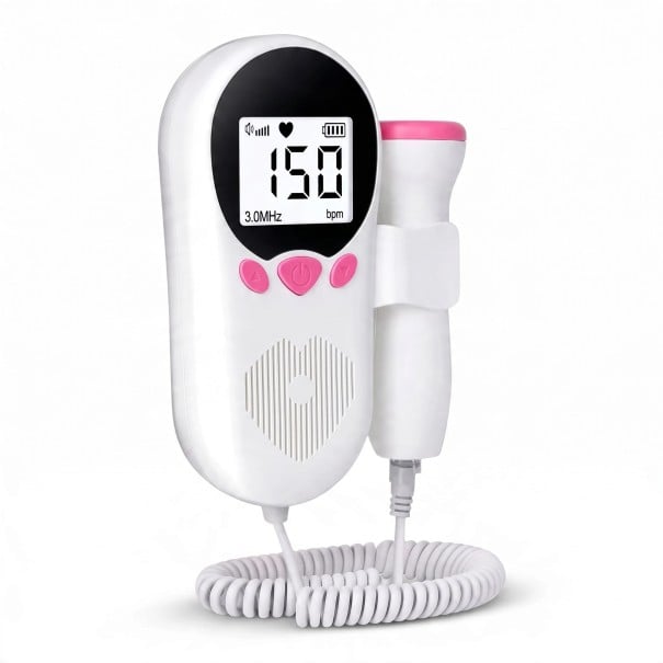 Doppler fetal portabil cu ultrasunete și stetoscop cu ultrasunete Sonda 3 MHz Ecran LCD iluminat Funcționează cu baterii AA Alb-roz 1
