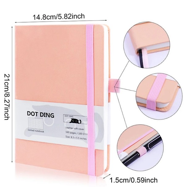 Dotted Bullet Notebook 21 x 14,5 cm Dotted Tagebuch mit Hardcover 160 Seiten Geeignet für Planung, Journaling und kreatives Schreiben Gummiband und Stiftschlaufe rosa