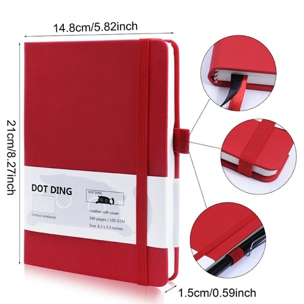 Dotted Bullet Notebook 21 x 14,5 cm Dotted Tagebuch mit Hardcover 160 Seiten Geeignet für Planung, Journaling und kreatives Schreiben Gummiband und Stiftschlaufe rot