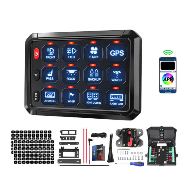 Dotykový spínací panel do auta 12 tlačítek s ovládáním přes aplikaci RGB podsvícení 12V-24V 60A s relé boxem pro offroad a loď 1