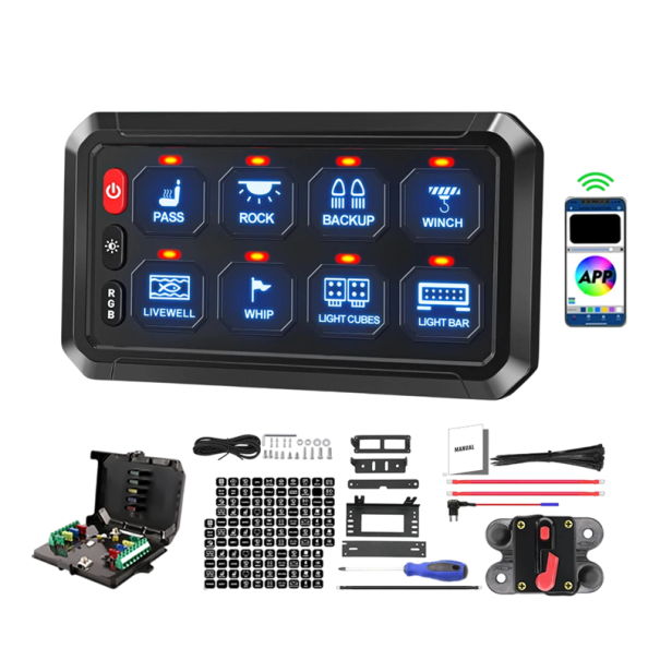 Dotykový spínací panel do auta 8 tlačítek s ovládáním cez aplikáciu RGB podsvietenie 12V-24V 60A s relé boxom pre offroad a loď