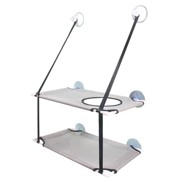 Double étagère suspendue pour animaux de compagnie avec ventouses sur verre et sangles en nylon Dimensions 50 x 30 cm, longueur des sangles 45 + 25 cm blanc